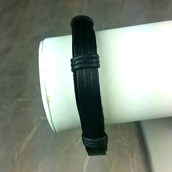 Bracelets Men's set of 3 bundle stackable black leather blue lava rock wood bead - Picture 4 of 6